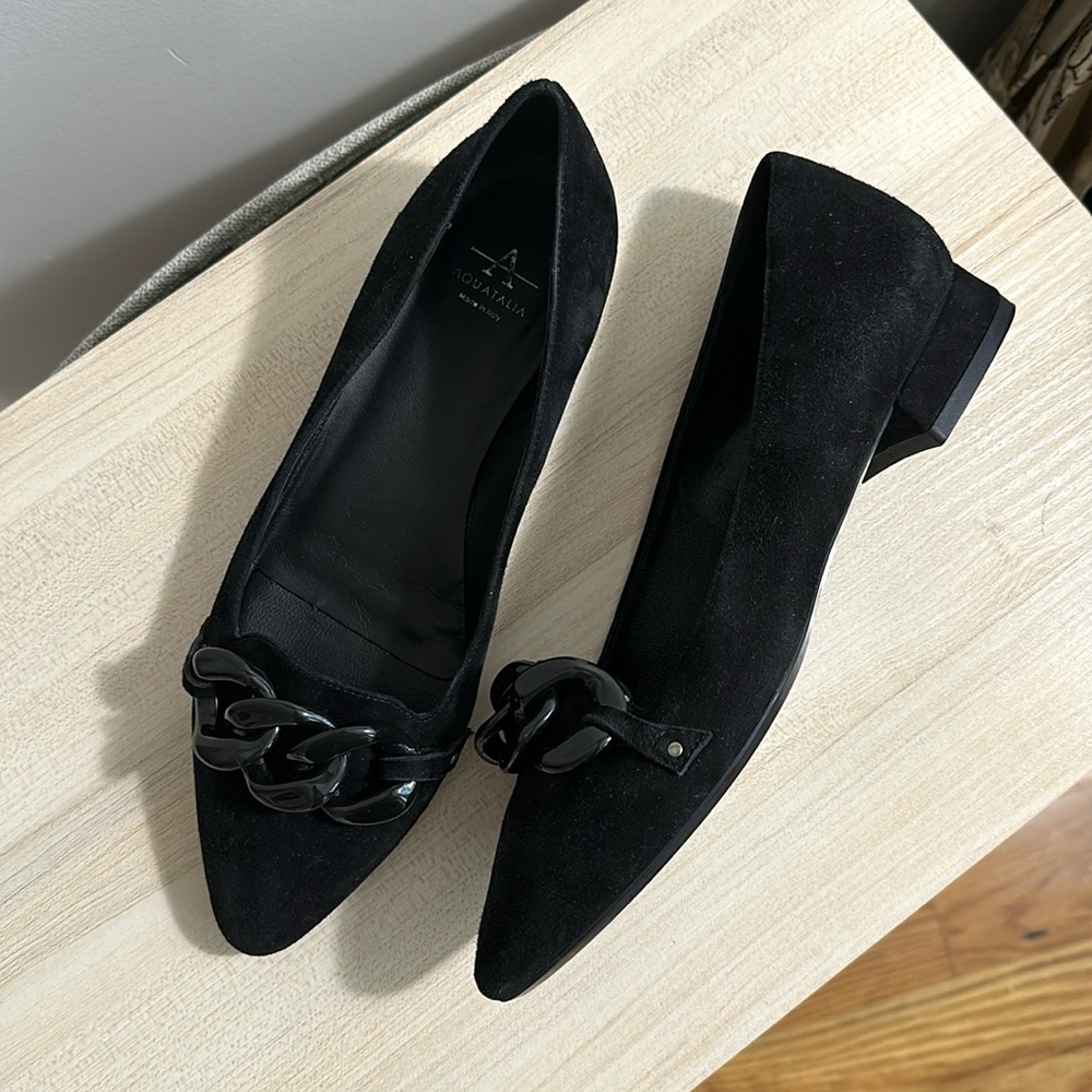Black Suede Ballet Flats with Buckle Detail and mini block heel